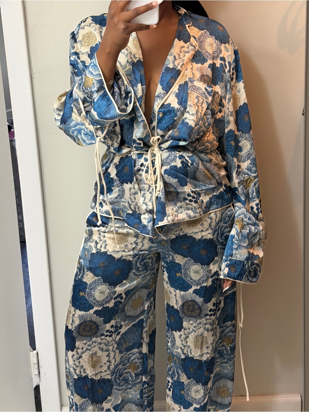 Zara Blue Floral Wide-Leg Pants and Kimono Pants Set - Picture 13 of 15